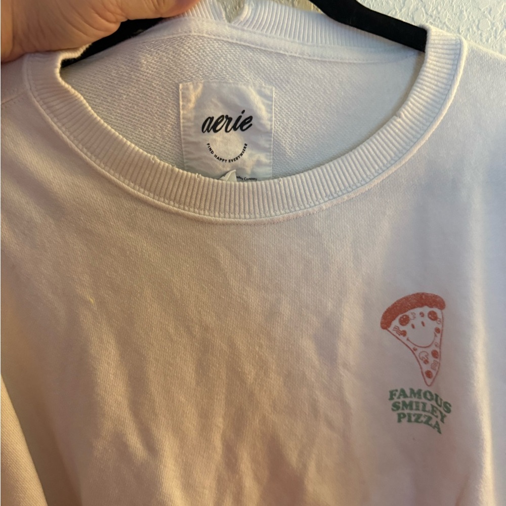 aerie White Crewneck Sweatshirt with Pink & Green Pizza Graphic